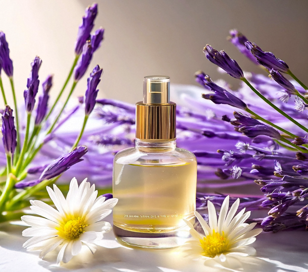 A close-up of lavender and chamomile flowers next to a small bottle of essential oil